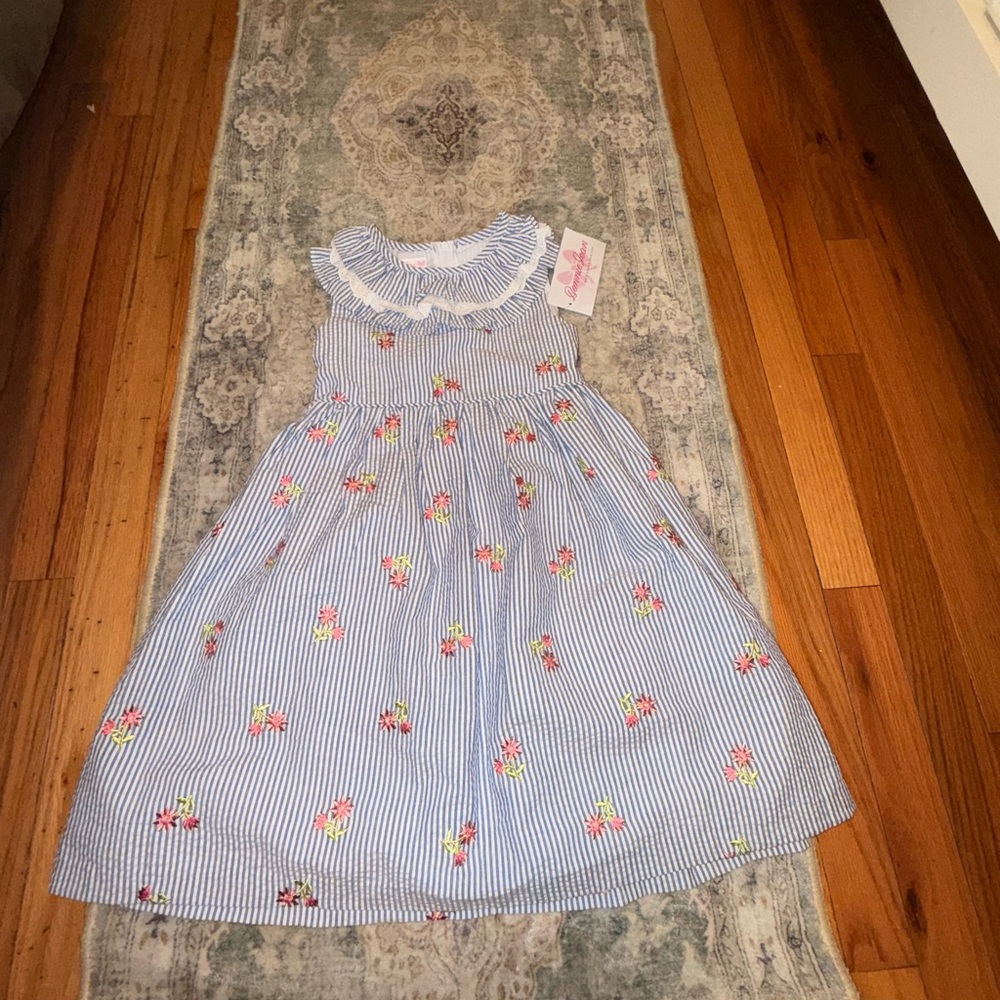 Bonnie Jean Blue and White Striped Dress with Pink Floral Design